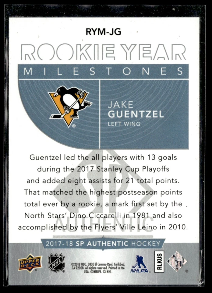 2017-18 SP Authentic Rookie Year Milestones Jake Guentzel #RYM-JG H4R4I - Image 2 of 2