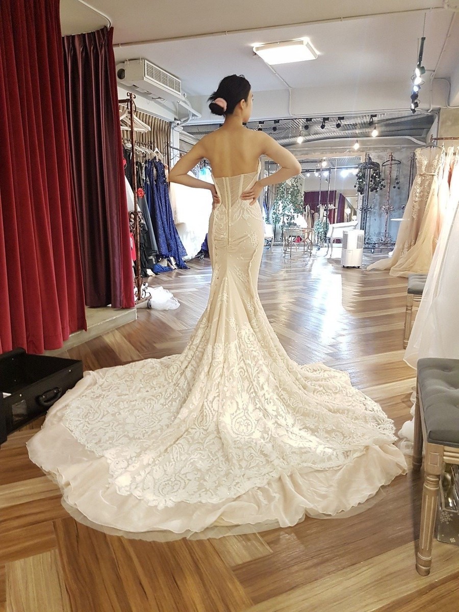 Auth Inbal Dror Br 15-16 Mermaid Embeded Lace Wedding Dress Gown