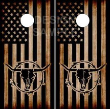Cow Bull Skull Burnt Wood Flag LAMINATED Cornhole Wrap Bag Toss Skin Decal