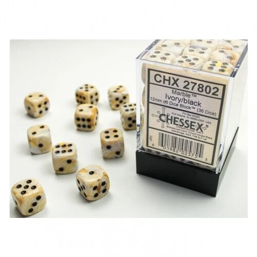 CHESSEX Würfel - 12mm - Marble Ivory/black (Würfelset 36 x W6)