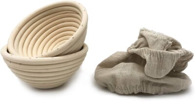 5 Inch Round Bread Proofing Basket 2 pcs Natural Rattan Cane, Linen Liner Cloth