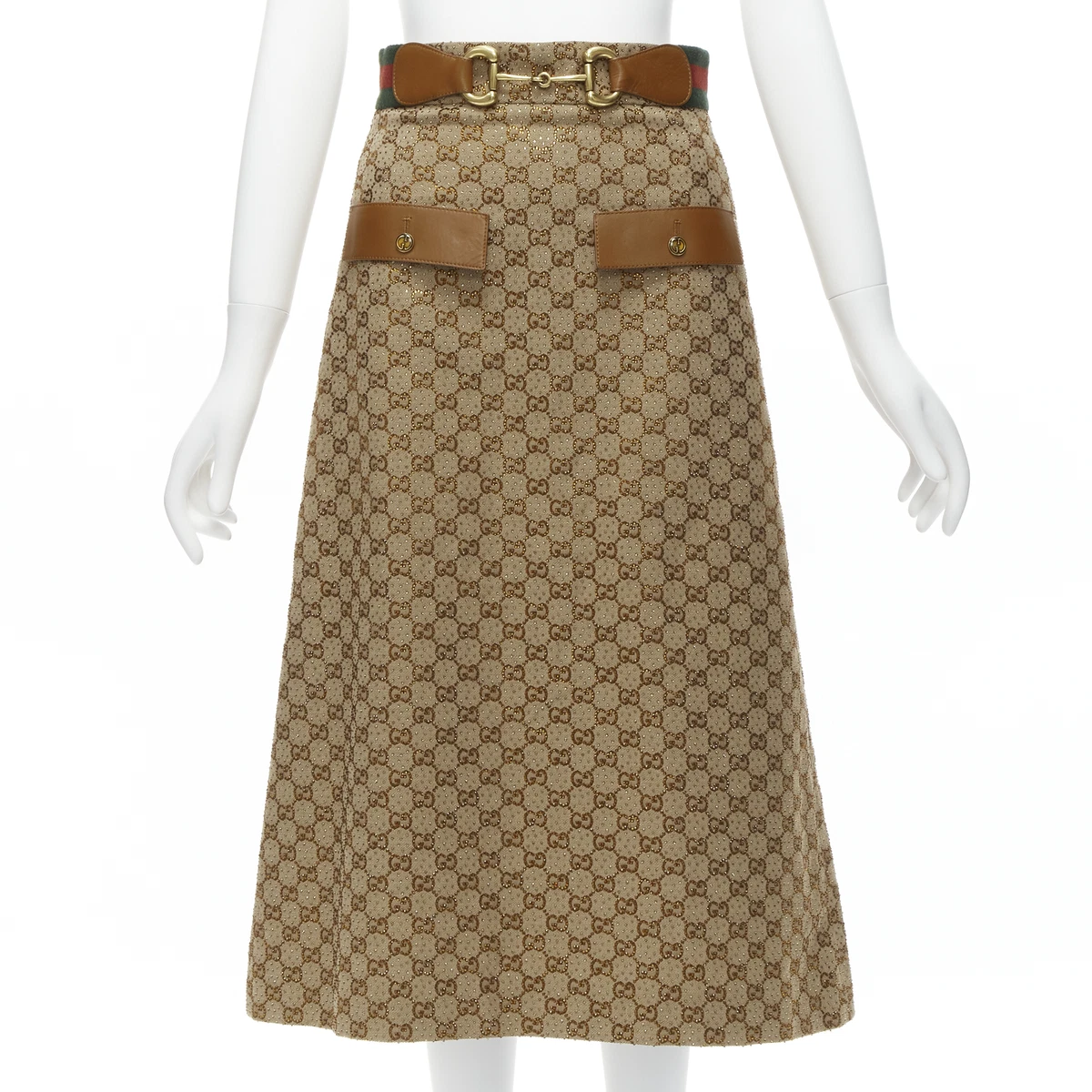 GUCCI Aria GG monogram crystal brown leather horsebit A-line midi skirt  IT38 XS | eBay