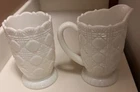 Atq Jones Cavitt Milk Glass Creamer Spooner Romeo Block Triple Bars 1889 UV Glow