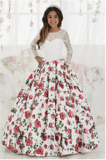 Tiffany Princess Designs Pageant Dress, Ivory with Pink Floral Full Length Skirt