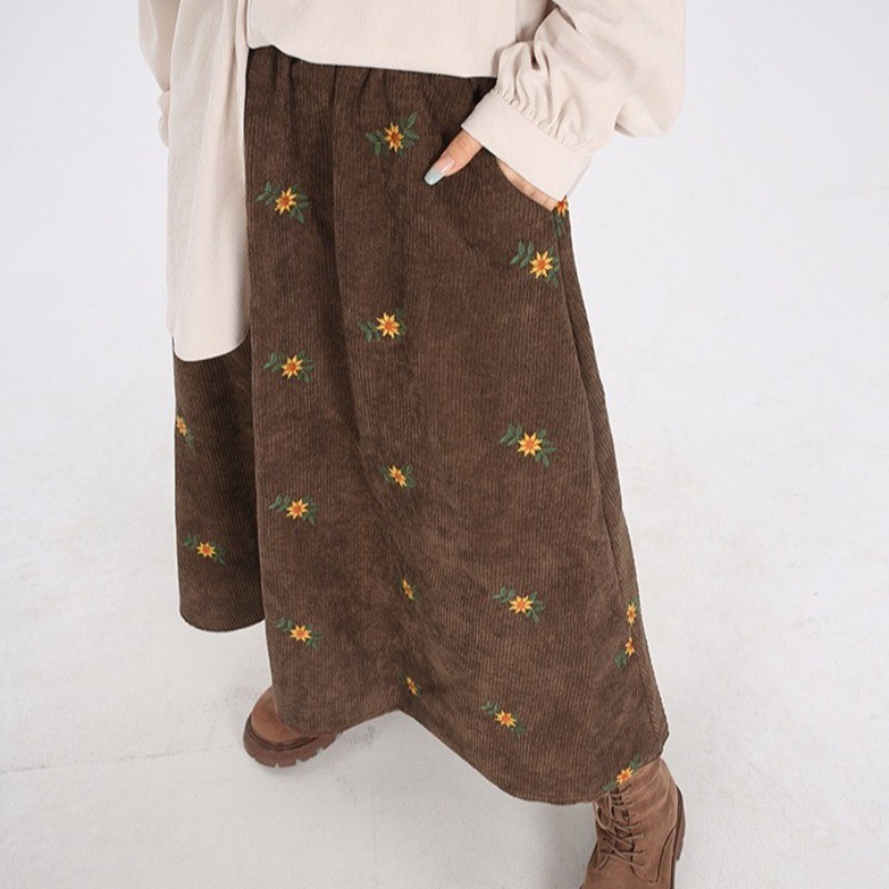 Casual Office-ready Skirt Women's Corduroy Skirt – Cute Embroidery