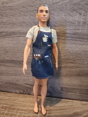 Ken Doll Barista with Brown Hair Bun Barbie Career Mattel 2016 With Apron Shirt
