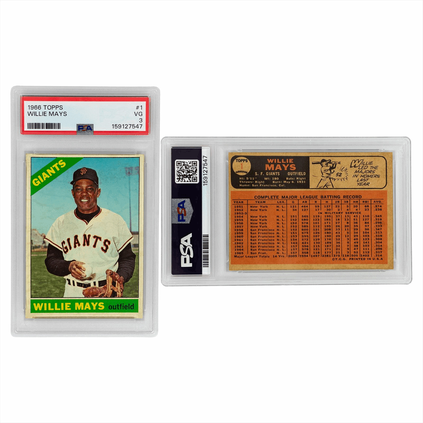 1966 Topps Willie Mays #1 PSA VG 3 Cert #159127547 view 3