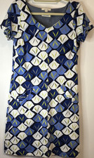 White Stuff Blue Geometric Short Sleeve Knee Length Shift Dress Cotton Size 10