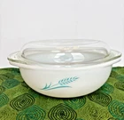 Vintage Blue Wheat Promotional PYREX #023 Bowl White 1.5 Qt Casserole Dish w/Lid