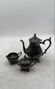 Silver Plate Decorative Coffee Teapot Sugar Bowl And Creamer Set Lot Of 3