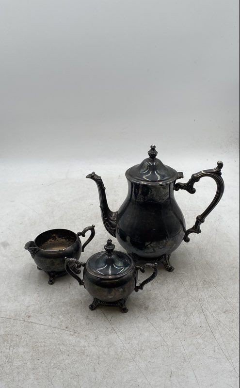 Silver Plate Decorative Coffee Teapot Sugar Bowl And Creamer Set Lot Of 3