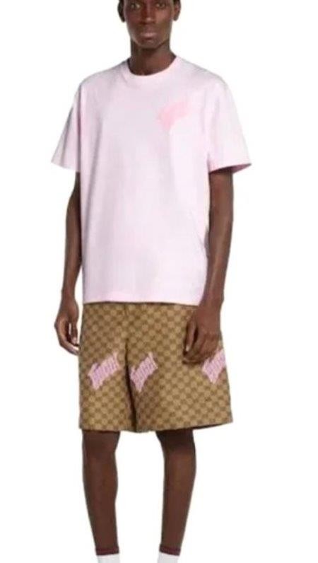 NEW GUCCI MEN'S PINK PRINTED LOGO JERSEY COTTON LOGO T-SHIRT SHIRT