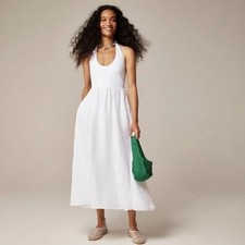 NWT!! J. CREW Halter Mixy Dress Linen Solid White Midi Pockets Preppy Medium