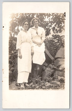 Postcard RPPC Two Women White Summer Dresses Rocky Garden Wall Outdoor AZO 1910s