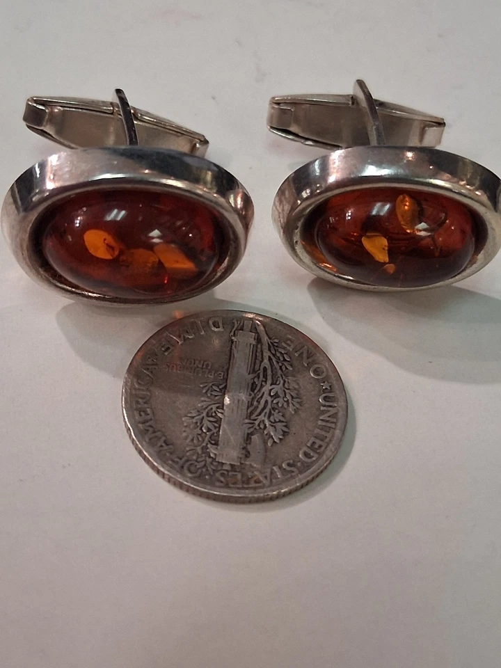 Gemelos de plata esterlina ovalados ámbar báltico genuino para hombre - 5775 Foto 2 de 4