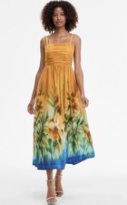 Tahari ASL Womens Ruched Bodice Border Print Midi Dress In Mustard Haze -