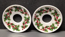 Vintage Christmas Bobeches 2.75" Holly Candle Wax Rings Set of 2