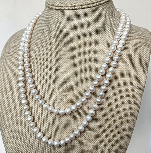 Collar de cuerda de perlas de agua dulce blanco de 8-9 mm - 48 pulgadas de largo - Imagen 2 de 4