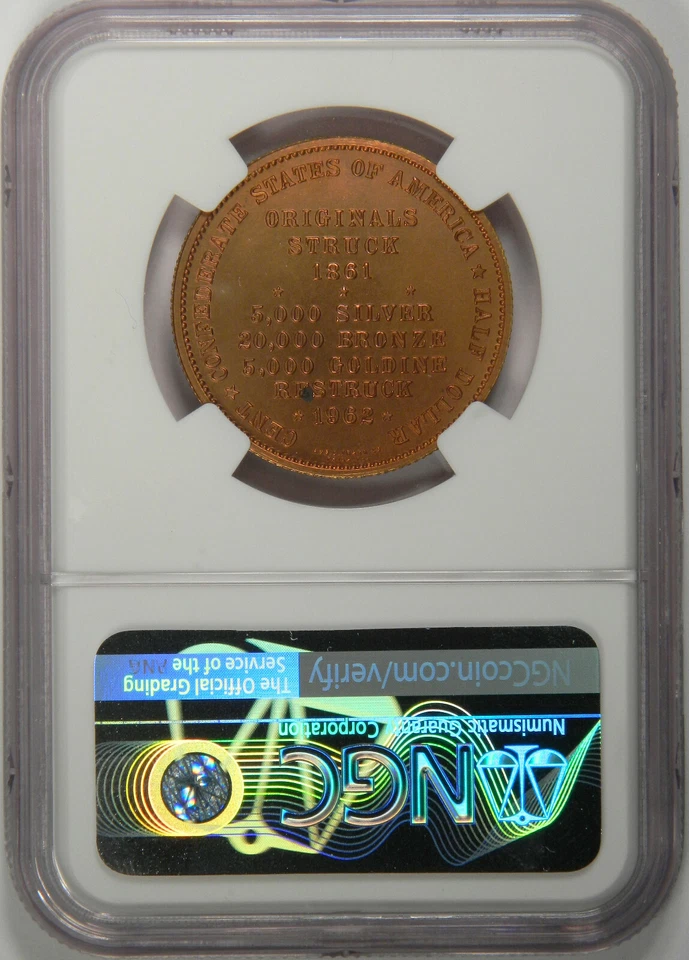 1962 CSA BRONZE BASHLOW RESTRIKE CONFEDERATE HALF DOLLAR ~ SHARP NGC MS66RB! - Image 4 of 4