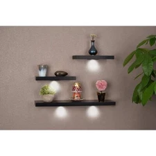 SkyMall Wood Floating Shelves, Wall Shelves with LED Lights (Set of 3) - Black