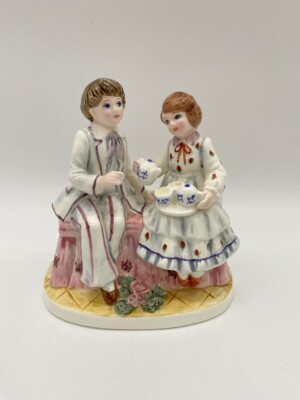 Vintage Lefton Tea For Two Soft Clolors Ceramic Figurine Signed Yameda Music Box