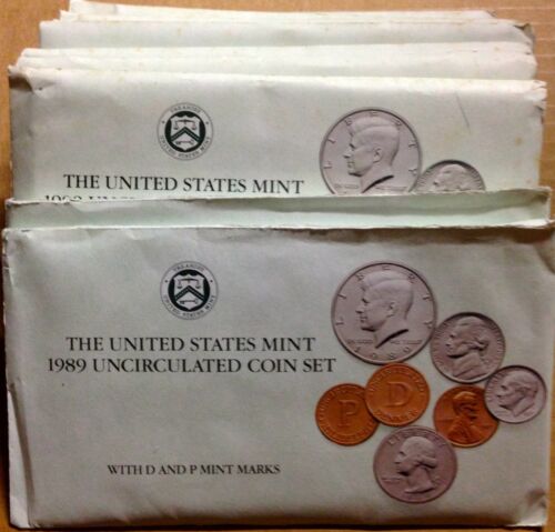 LOT OF TEN (10) 1989 US MINT SETS -- 100 UNCIRCULATED BU COINS IN MINT CELLO P+D