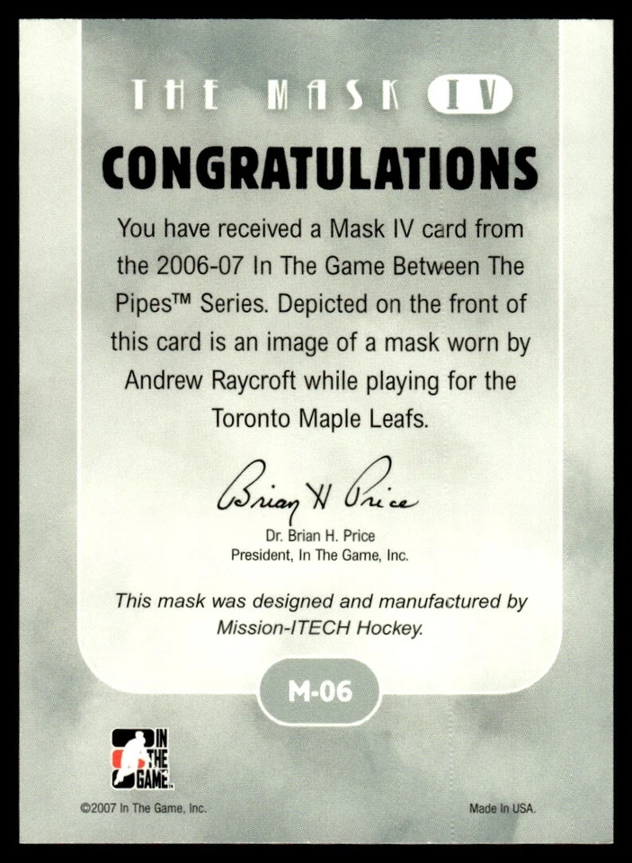 2006-07 In The Game Between Pipes Mask IV Andrew Raycroft #M-06 - Image 2 of 2