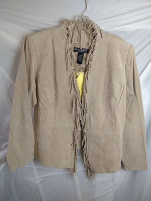NWT Dialogue 100% Washable Leather Tan Fringe Jacket Coat Medium Western QVC