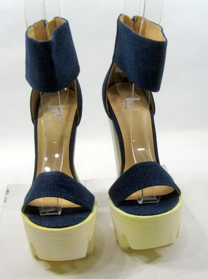 AZUL denim 6"BLOCK HEEL 2" plataforma tornozelo alça PEEP TOE FEMININO tamanho 5.5 - Imagem 3 de 4