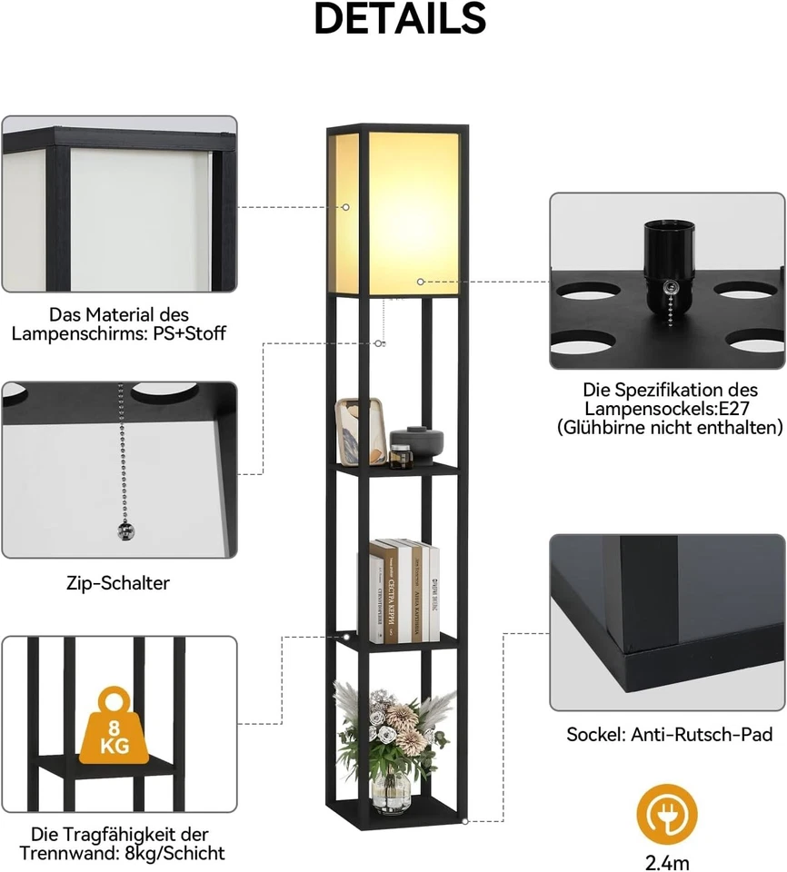 Stehlampe Stehleuchte Leselampe Holz 3-Regal E27 für Wohnzimmer Schlafzimmer DE - Bild 4 von 4