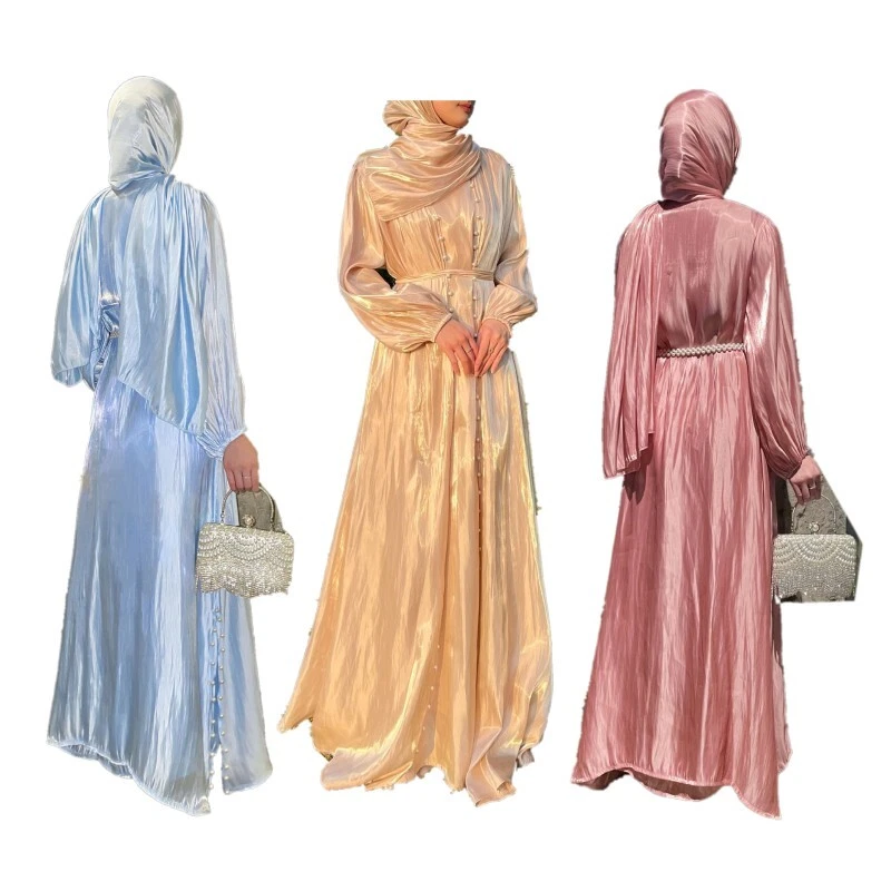 Vestido de fiesta árabe para mujer Eid musulmán cuello redondo manga linterna cuentas cinturón Foto 2 de 4