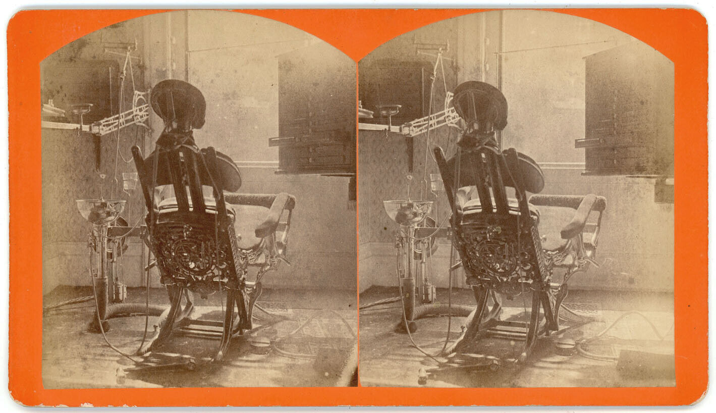 RARE EARLY DENTIST CHAIR STEREOVIEW 1800s PHOTO DENTAL DENTISTRY ORTHODONTIST