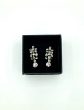 Vintage Silver Tone Earrings - Screw Back Clip On - Clear Rhinestones - Dangle