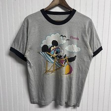 Vintage 80s Walt Disney Mickey Mouse Florida Ringer Shirt Grey Large