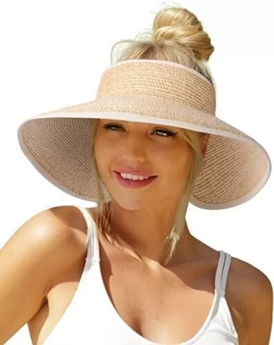 Hatiis Sun Visors for Women Wide Brim Straw Beach Hat Packable Roll Up Visor  wit