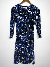 Calvin Klein Geo Print Faux Wrap Ruched Stretch Dress Blue Black 3/4 Sleeve Sz 4