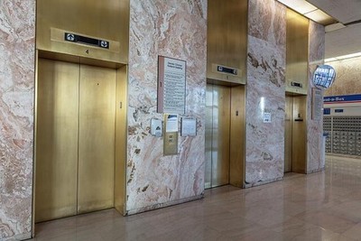 Elevator lobby. Dennis Chavez Federal Building, a high-rise federal office
