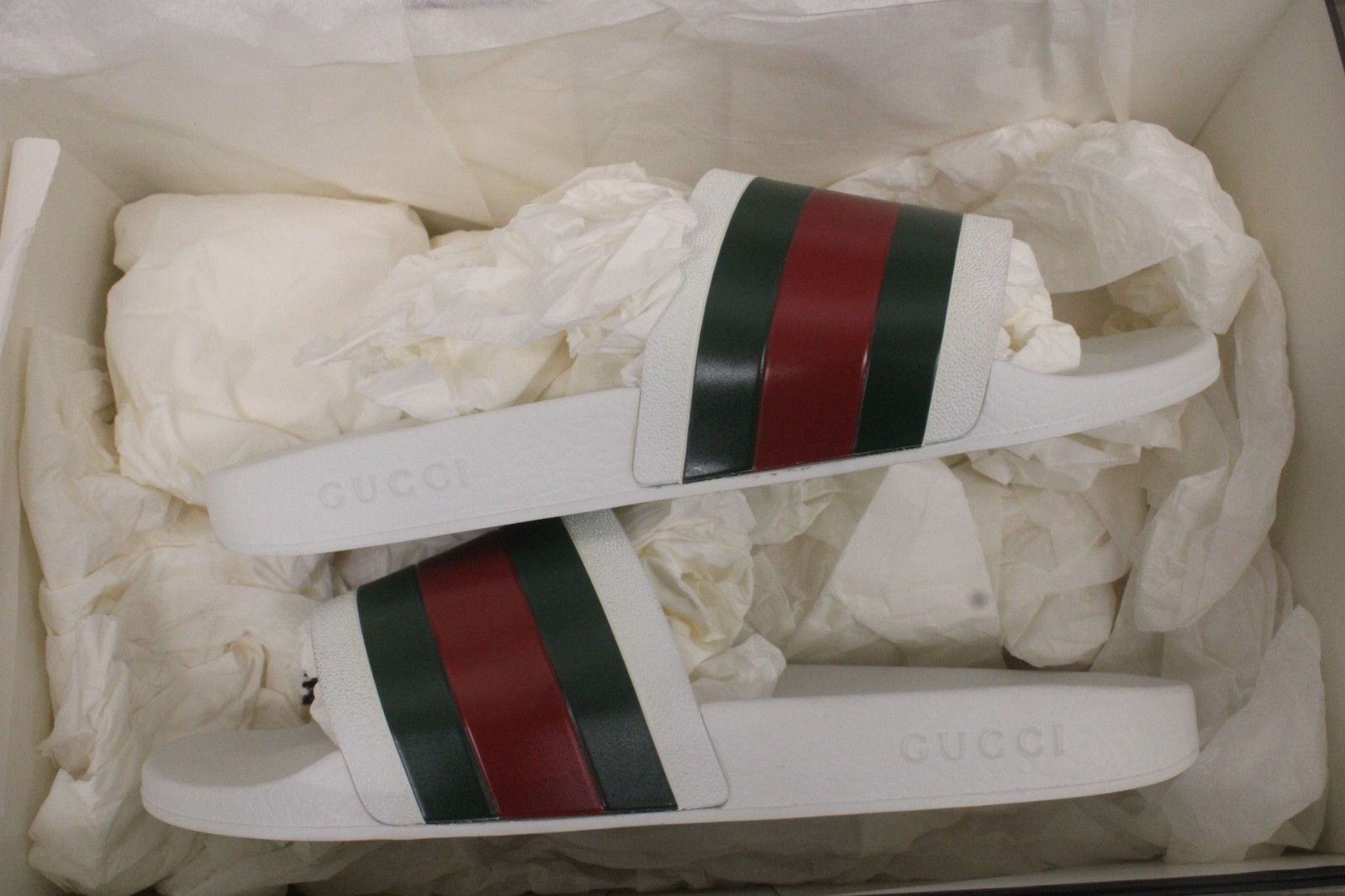 GUCCI Web Slide Sandal In White Rubber