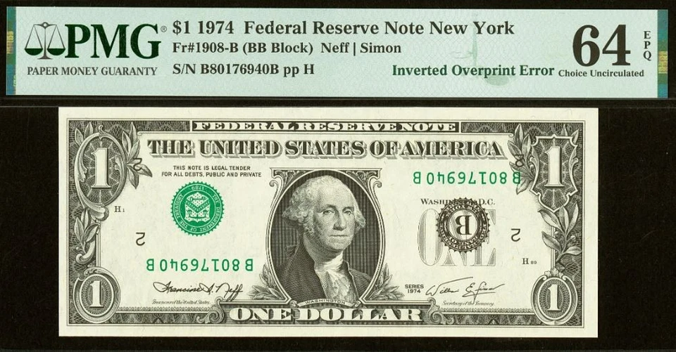 1974 $1 Federal Reserve Note PMG 64EPQ - 2-Consecutive Inverted Overprint Error - Image 2 of 4
