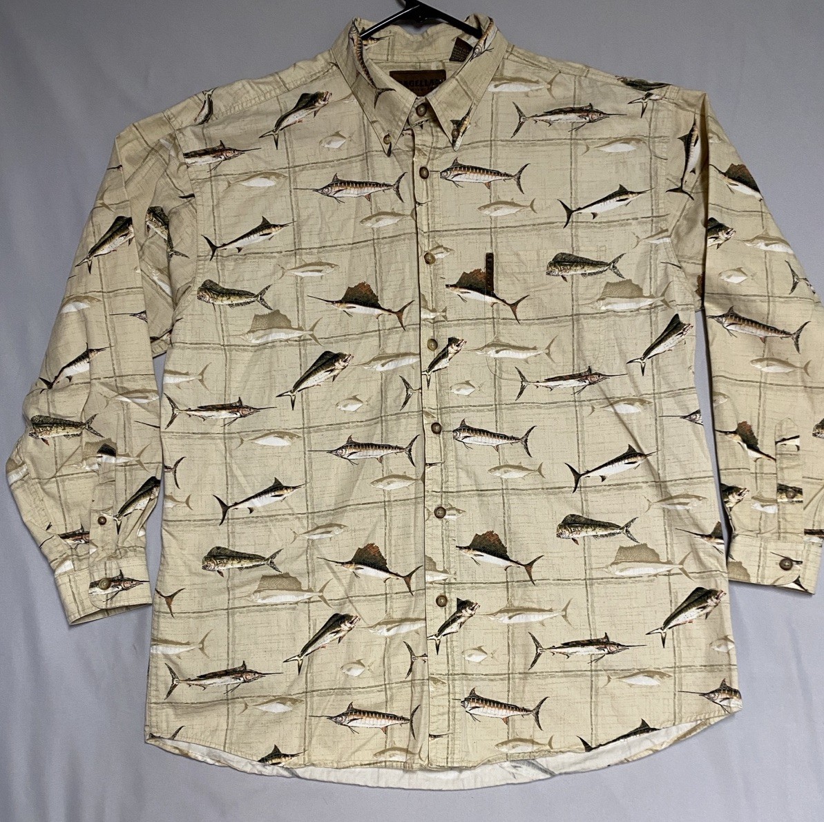 Magellan Shirt Men XL Beige Long Sleeve Sailfish Marlin Fishing Cotton Button-Up