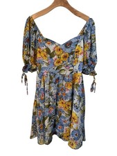 Shein Blue Floral Tiered Dress Womens Size S Puff Sleeve Zip Back Tassle Ruffle