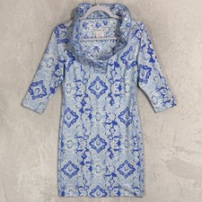 NWT Gretchen Scott Jersey Ruffneck Dress XS Ruffle Neck Watteau Blues Floral
