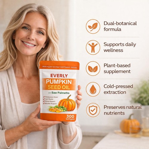 Everly Pumpkin Seed Oil with Saw Palmetto, 300 Softgels, Cold Pressed Pumpkin Se