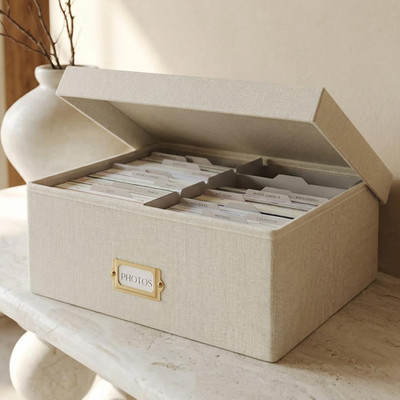 ZICOTO Decorative Photo Storage Box - Sturdy Linen Photo Organizer with Dividers
