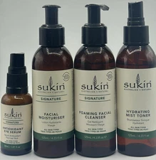 4PC Sukin Foaming Facial Cleanser Moisturizer Hydrating Mist Toner & Eye Serum