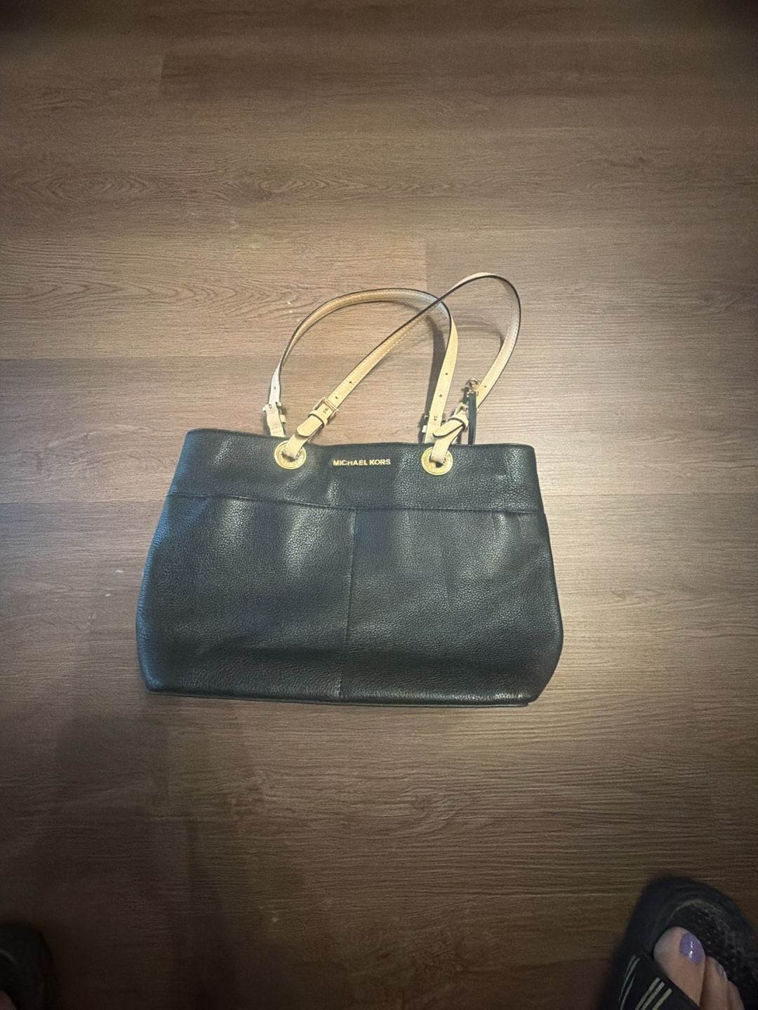 Michael Kors Black Pebbled Leather Tote Bag with Tan Straps