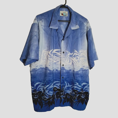 Ocean Current Shirt Men's Large Blue Black White Hawaiian Short Sleeve Button Up
