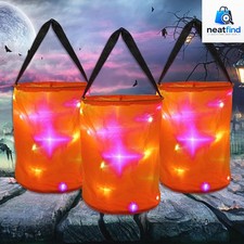 LED Light Halloween Candy Bags 3 Pack Orange Trick or Treat Buckets