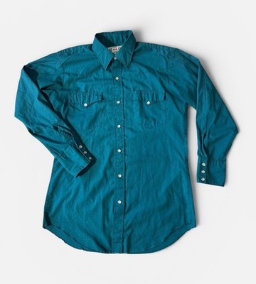 H Bar C mens L Large aquamarine solid pearl snap western cowboy shirt EUC