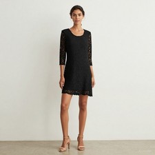 Evening Romantic Knee Length Dress Black Lace Pencil Sleeve Lined Stretch M